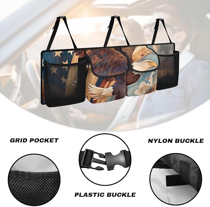Back Seat Trunk Organizer Hanging Car Organizer Trunk Foldable Cargo Storage with 2 Large Storage Bag & 2 Mesh Pockets& 3 Adjustable Straps 37.01x11.81 inch,American Flag Eagle