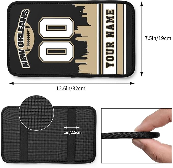Custom New Orleans Car Armrest Covers Personalized Football Style with Name Number Customized Auto Center Console Pad Car Handrail Box Cushion for Most Vehicle Decor Accessories, Fans Gift