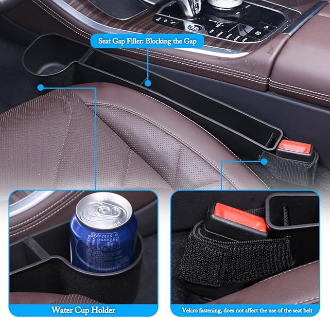 Car Seat Gap Filler, Multifunctional Seat Side Gap Filler with Cup Holder & Organizer, Gap Stopper Universal Fit Car SUV Truck Fill The Gap Between Seat & Console Set of 2 (Black)