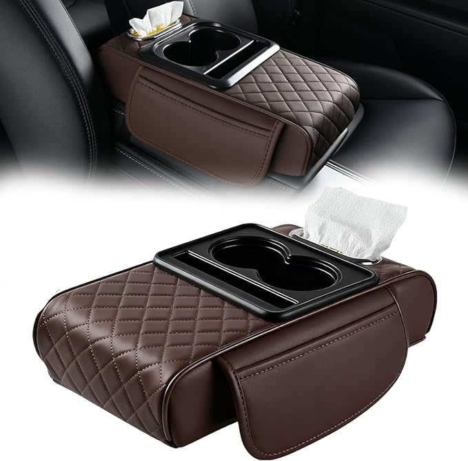 Multifunctional PU Leather Car Armrest Box Mat Organizer with Cup Holders, Universal 5-in-1 Car Armrest Storage Box Mat with Central Elbow for Most Cars (Coffee)