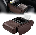 Multifunctional PU Leather Car Armrest Box Mat Organizer with Cup Holders, Universal 5-in-1 Car Armrest Storage Box Mat with Central Elbow for Most Cars (Coffee)