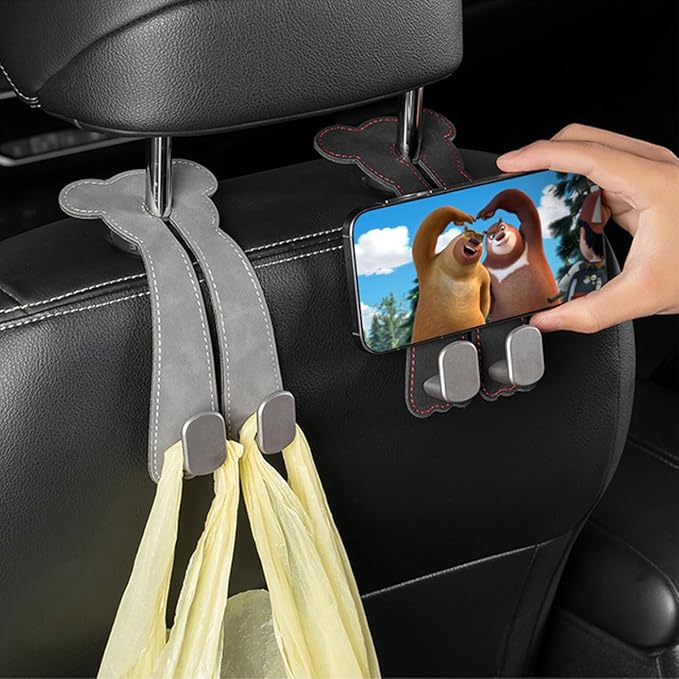 Car Seat Headrest Hook, 2PCS Cute 2 In 1 Vehicle Backseat Hanger Storage Double Hook with Phone Holder, Auto Interior Hanging Organizer Accessories, Universal for SUV Sedan Truck (Brown)