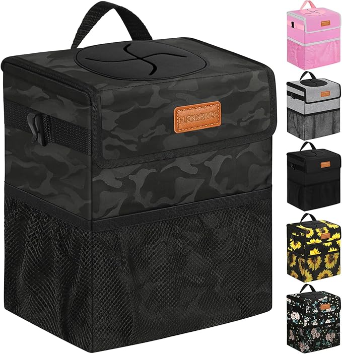 Car Trash Can Bin for Back Seat Leak Proof, Cute Car Trash Bag Hanging, Vehicle Trash Can for SUV Truck Van, Automotive Garbage Cans Front Seat Camo Black