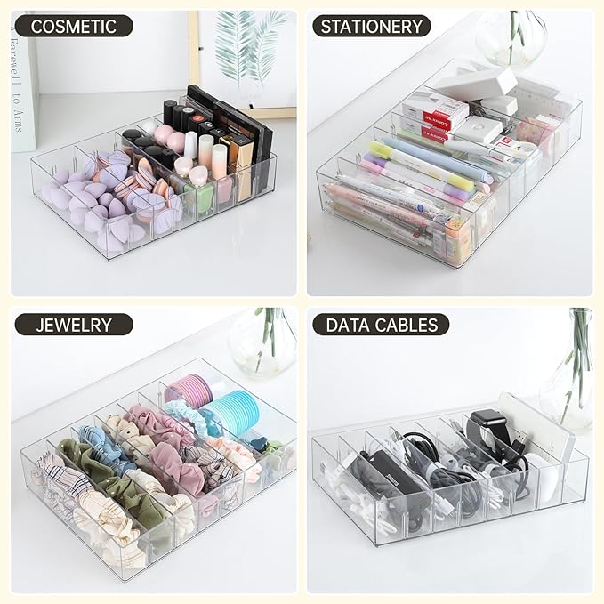 2Pcs Cable Charger Organizer Box, Large Cords Storage Organizer with Adjustable Compartments and Wire Ties, Stackable Cord Organizer for Drawer - Clear