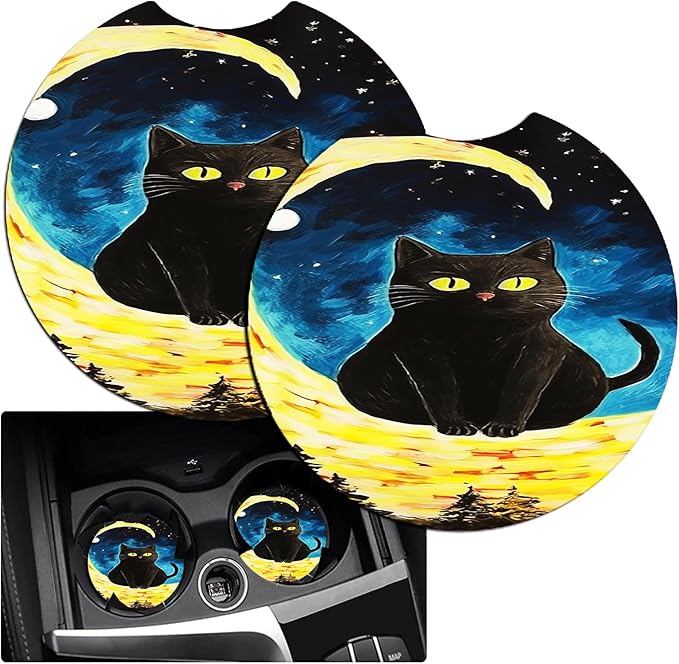 JANENFNA Car Armrest Cover Pads Universal Fashion Cute Auto Center Console Armrest Cover Pad with 2PCS Car Coasters Soft Waterproof Car Armrest Seat Protector for Women,Moon Cat