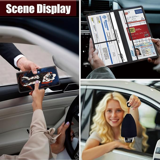Yuxcfhjfe Car Registration and Insurance Holder, PU Leather Auto Document Holder for Men&Women, Vehicle Glove Box Compartment Organizer with Magnetic Shut for Driver's License, Astronaut Hug Pattern