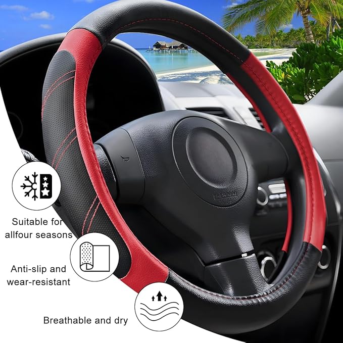 Car Steering Wheel Cover, 15 Inch Carbon Fiber Leather Non-Slip Steering Wheel Protector with Lining, Breathable Automotive Interior Accessories, Universal for SUV RV Truck (Red)