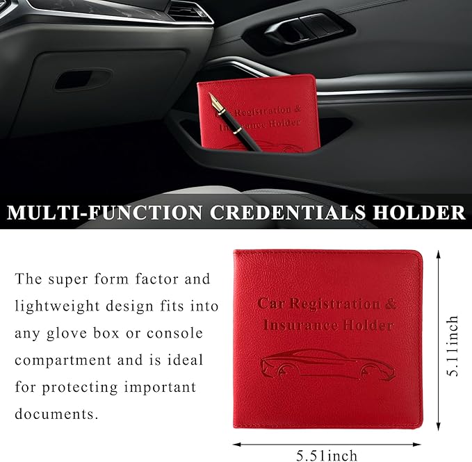 Car Registration and Insurance Holder, 5.51" × 5.11" Premium Leather Vehicle Glove Box Organizer with Magnetic Closure, Auto Document Holder for Cards Paperwork and Drive License (Red-B)