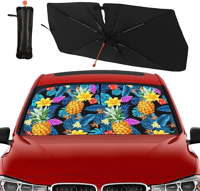 DOPINDU Hawaiian Pineapple Car Windshield Sun Shade Umbrella Bendable Handle Foldable Funny Sunshade for Car Windshield Block UV Rays Keep Vehicle Cool for Most Sedans SUV Trucks Cars 57"x30"