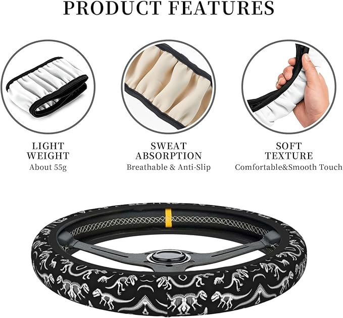 Dark-Dinosaur Skeletons Universal Fit Steering Wheel Cover for Car, Truck, and SUV, Durable Steering Wheel Protection