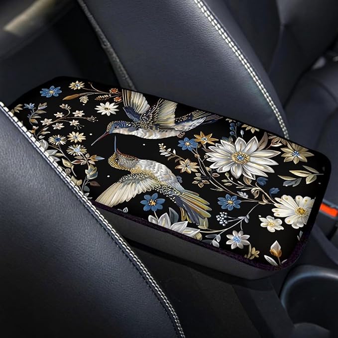 Elegant Hummingbird Floral Print Auto Center Console Cover Arm Rest Cover for SUV Truck,Soft Car Arm Rest Cover Universal Fit