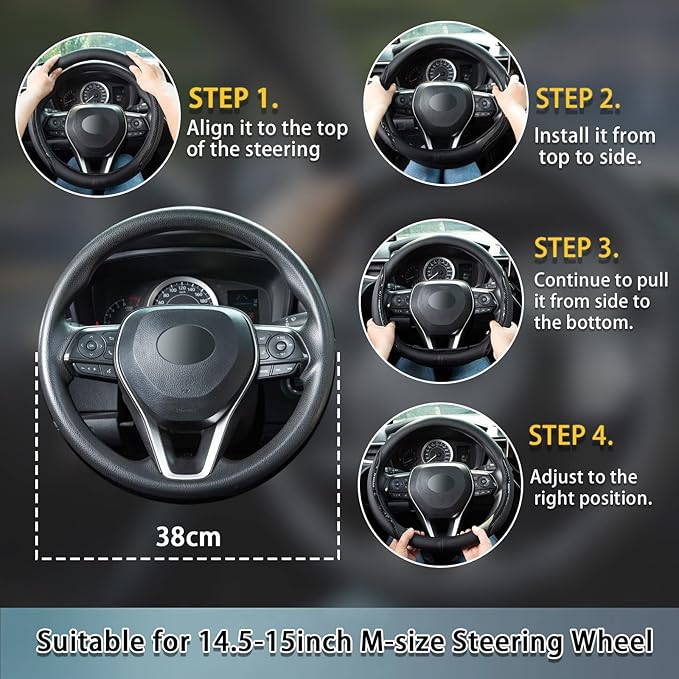 Muamos Steering Wheel Cover Blue, Carbon Fiber Car Steering Wheel Covers with Coasters Universal 14.5-15 inch Leather Microfiber Breathable Anti-Slip Steering Wheel Accessories Set