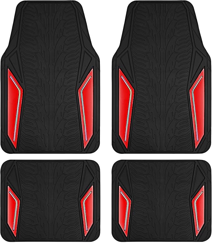 PIC AUTO Rubber Floor Mats, Red Aluminum Film with Colorful Piping Floor Mats for Cars, Car Mats with Non-Slip Backing, All-Weather Protection, Trim-to-Fit Liner for Cars, SUVs, Trucks, Vehicles