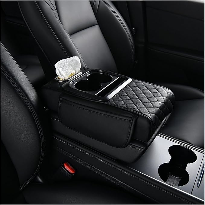 Car Armrest Storage Box for Lincoln Nautilus 2019-2024, Center Console Organizer with Side Pocket, Ergonomic Memory Foam Armrest Cushion, Car Elbow Support Pad,A Black