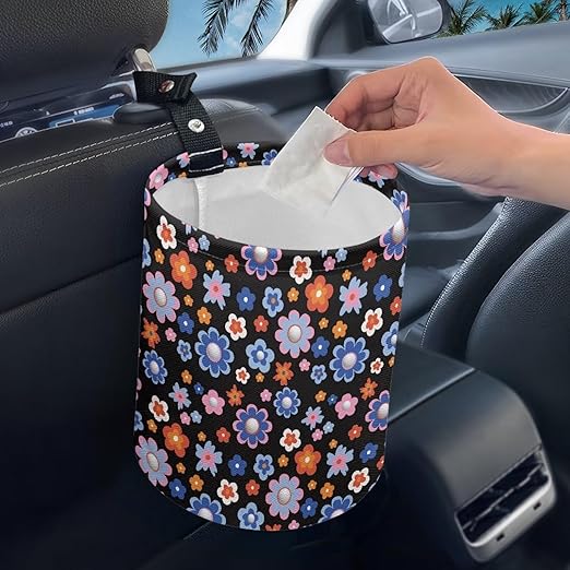 Brosoneto Groovy Hippie Flower Collapsible Trash Can for Cars, Family Gatherings, Camping - Easy to Clean Car Garbage Accessory