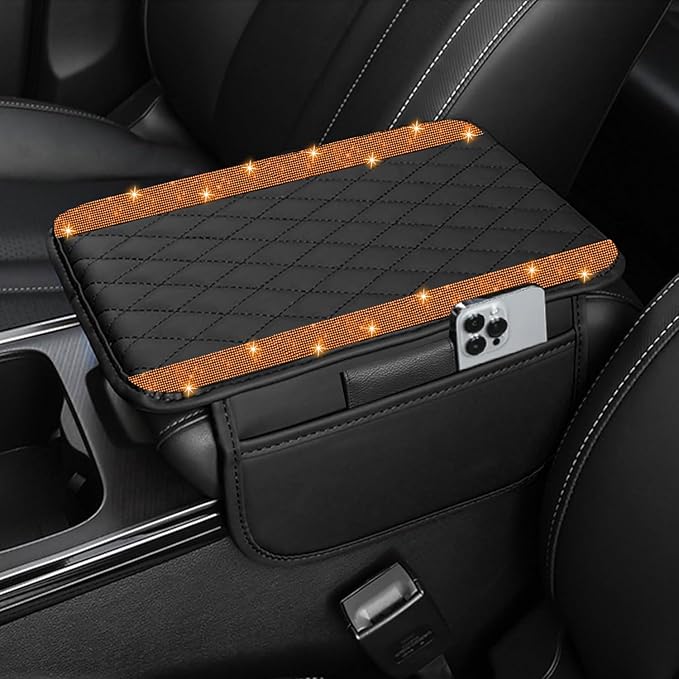 Bling Car Center Console Cover, Leather Car Arm Rest Cover Cushion with 2 Storage Bags, Universal Auto Armrest Protector Storage Box, Bling Accessories Interior for Most Vehicles (Orange Diamond)