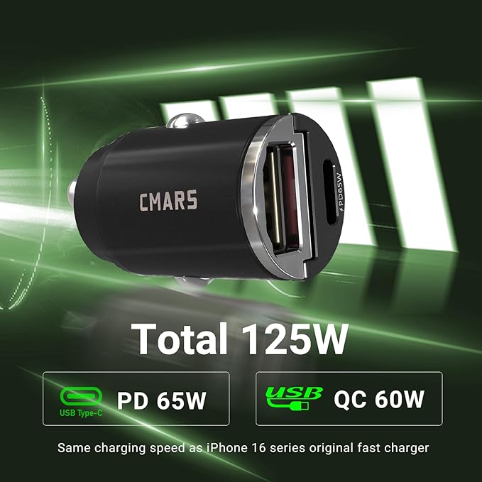 CMARS 65W+60W Cigarette Lighter Adapter,for iPhone 16 car Charger USB C/A,Fast Charging for iPhone,Car Phone Charger Dual Port for iPhone 16/15/14/13/12 Series and Samsung/Other Android Devices Black