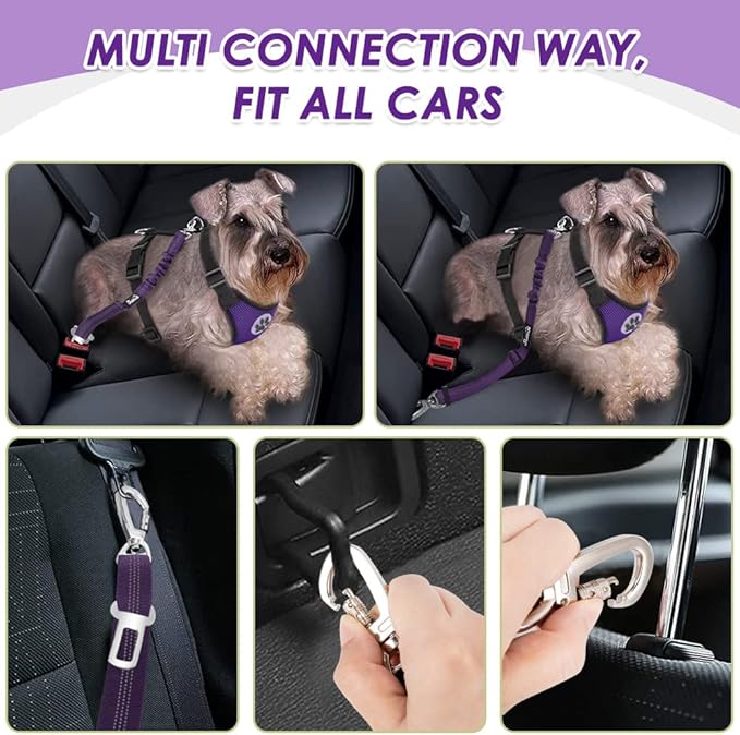 Lukovee Dog Seat Belt - Adjustable Dog Car Harness for Large, Medium, Small Dogs - Soft Padded & Breathable Mesh Dog Seatbelt with Vehicle Connector Strap (Purple Double Clip, X-Small)