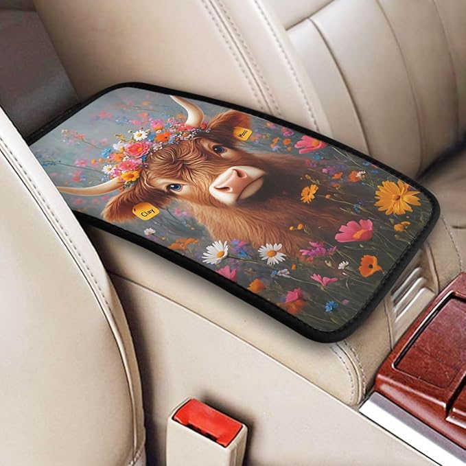 Universal Car Center Console Cushion Pad, Cute Highland Cow Flowers Soft Waterproof Car Center Console Cover Auto Armrest Seat Box Cover Protector for Most Vehicle SUV Truck Car
