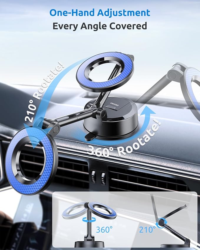 ZIDARO Vacuum Magnetic Car Phone Holder, 360°Adjustable, Compatible with iPhone 12-17 Series & Dashboard Mount & Tesla, 80+LBS Strong Suction Cup Phone Holders for Your Car, MagSafe-Compatible (Blue)