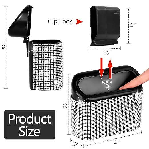 NBTEPEM Bling Car Trash Can with Lid - 2 Pack, Mini Auto Garbage Can with 60 Trash Bags, Automotive Garbage Container Bin, Bling Car Accessories Trash Can for Women (Silver Diamond)