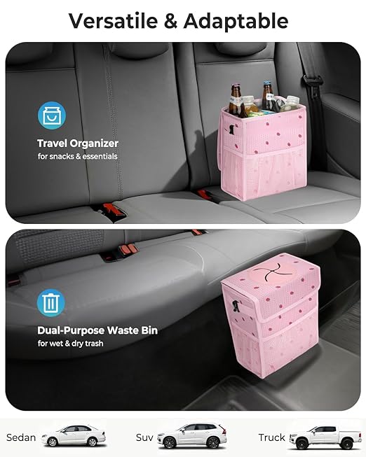 HORJONES Corduroy Car Trash Can with Lid and Mesh Pockets - Leakproof Organizer,Multipurpose Waterproof Garbage Can/Trash Bin for Car(Pink Base with Red Strawberry Print -2 Gallons)