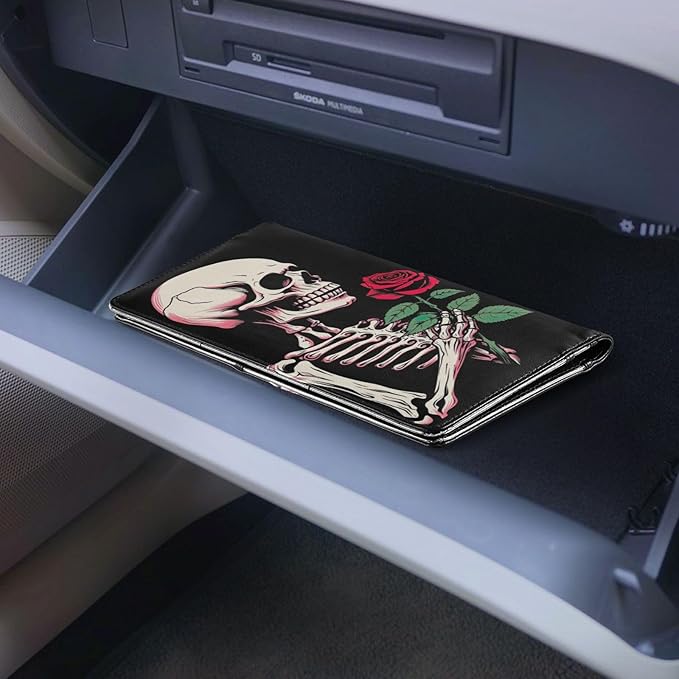 Gothic Skull Pink Rose Car Registration and Insurance Holder Vehicle Glove Box Organizer Car Accessories Wallet Case for Women Men 202a1364