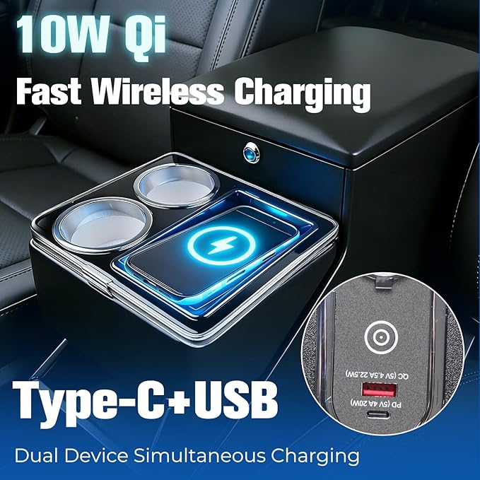 Center Console Organizer for Minivans, SUVs & Middle Van Seats - Floor-Mounted Lockable Storage Box with Dual Cup Holders, 7-Color Ambient Light & Wireless Charging, Ideal for Vehicle Interior