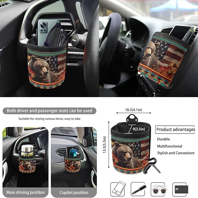 American Flag Printed Car Interior Cover Sets, Car Front Rear Seat Cover with Steering Wheel Protector Coaster Trash Can Air Vent Storage Bag, Universal Fits Auto Interior Accessories