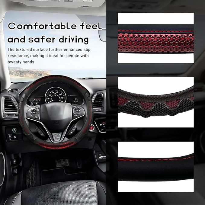 Car Steering Wheel Cover, 15 Inches 3D Honeycomb Design Car Steering Wheel Protector with Comfy Grip, Breathable Anti-Slip D-Shaped Steering Wheel Sleeve for Most Vehicles (Red, Round)