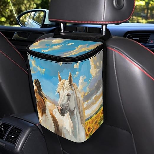 Rustic Style Collie Horse Car Garbage Container, Artistic Vehicle Trash Bin for Animal Lovers Leak-Proof Zipper Design for Back Seat