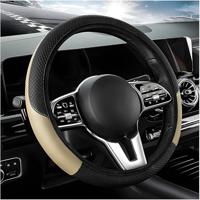 Elastic Car Steering Wheel Cover in Microfiber Leather Carbon Fiber, with Anti-Slip Lining, Interior Accessory (Beige, AD)