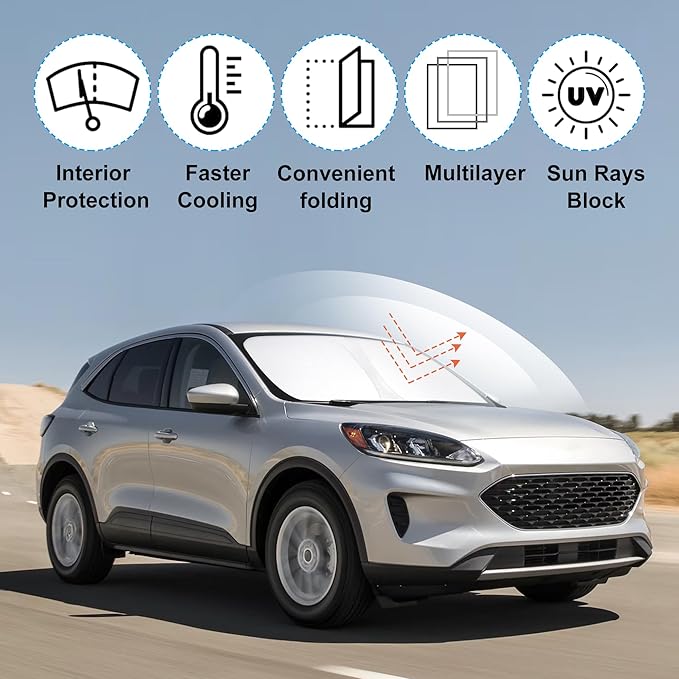 Windshield Sun Shade Custom Fit for 2020 2021 2022 2023 2024 2025 Ford Escape Accessories Foldable Sunshade Sun Blocker Protect Car from Sun Rays & Heat Damage Keep Car Cooler
