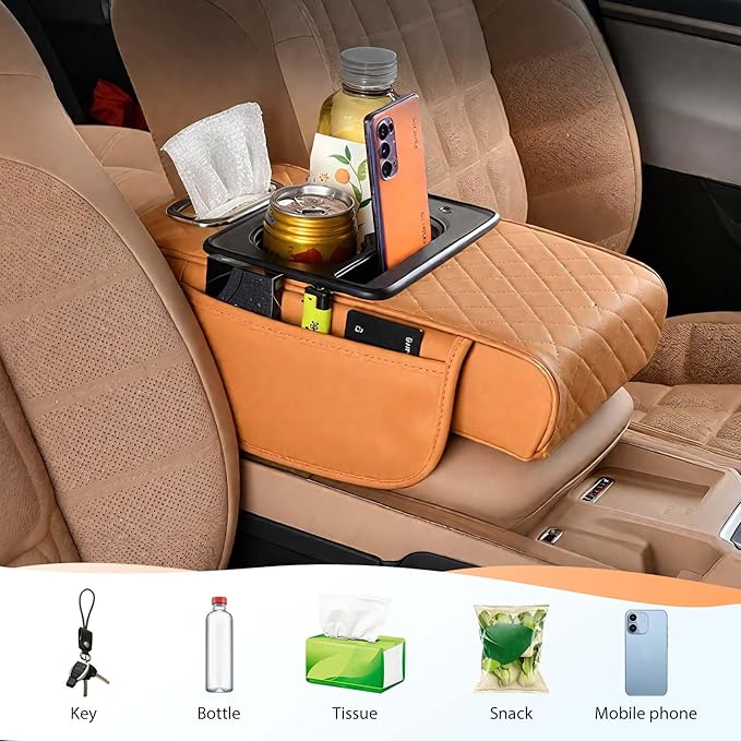 Multifunctional Car Armrest Cushion with Integrated Booster, 2026 Upgraded Universal Style Memory Cotton Car Armrest Box Pad, Car Center Console Armrest Pillow, with 2 Cup Holder (Red)