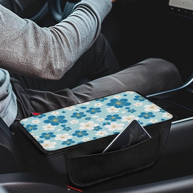 CLOHOMIN Blue Flowers Center Console Armrest Cover for SUV Car Truck Cute Auto Center Console Cover Pad Universal Car Armrest Cover Automobile Accessories