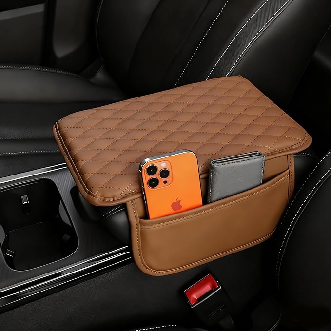 Car Center Console Cove, Leather Armrest Cover Cushion, 2 Storage Bags, Armrest Seat Box Pad, Car Interior Accessories Protector for Most Vehicle (Light Brown)