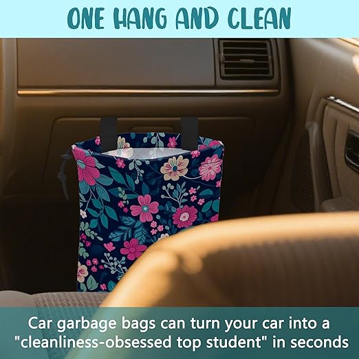 KXWQTRDD Car Trash Bag Watercolor Floral and Green Leaves Leak-Proof Car Garbage Bag with Drawstring Foldable Canvas Trash Bin with Adjustable Buckle for Car Accessories