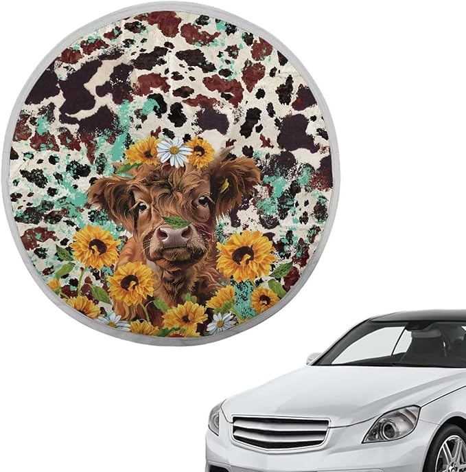 Daisy Sunflower Highland Cow Pattern Steering Wheel Sun Shade Vehicle Steering Wheel Protector Block UV Rays Cooling Steering Wheel Sun Block Fit Most Truck Van Car SUV