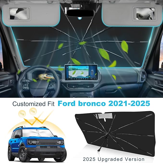 2025 Upgrade Windshield Sun Shade Umbrella Custom Fit for Ford Bronco Sport 2021-2025 Foldable UV Protection Car Cover, Emergency Rain Shield & Dashboard Protector - Durable Auto Accessory