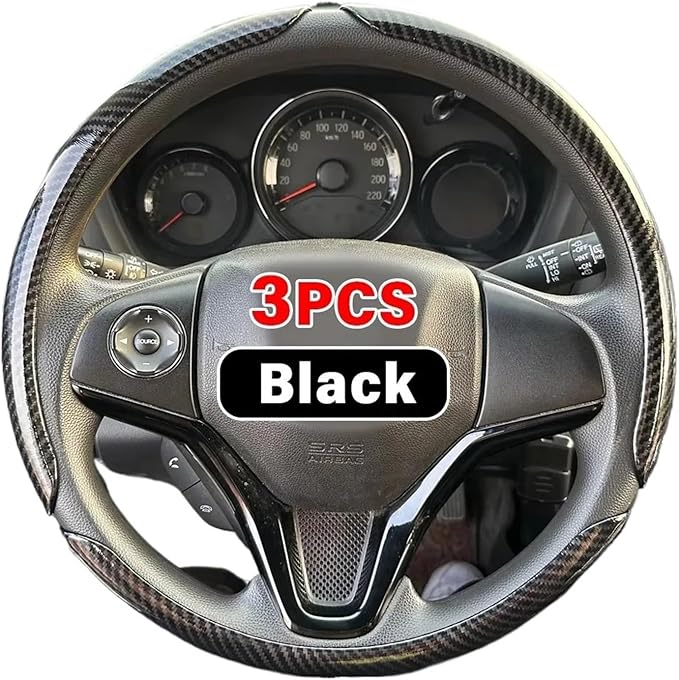 3PCS Universal Car Steering Wheel Cover - Warm Winter 38cm Round Glossy Laser Carbon Fiber fit for Interior Accessories(3PCS Black)