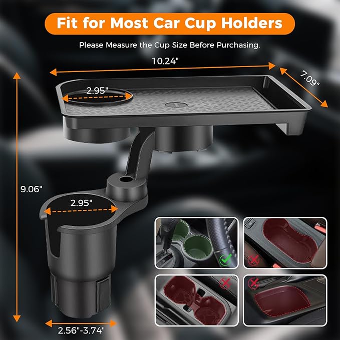 3-in-1 Car Cup Holder Tray, 10.24" Car Trays Organizer with Double Cupholders & Phone Holder for Eating, Travel
