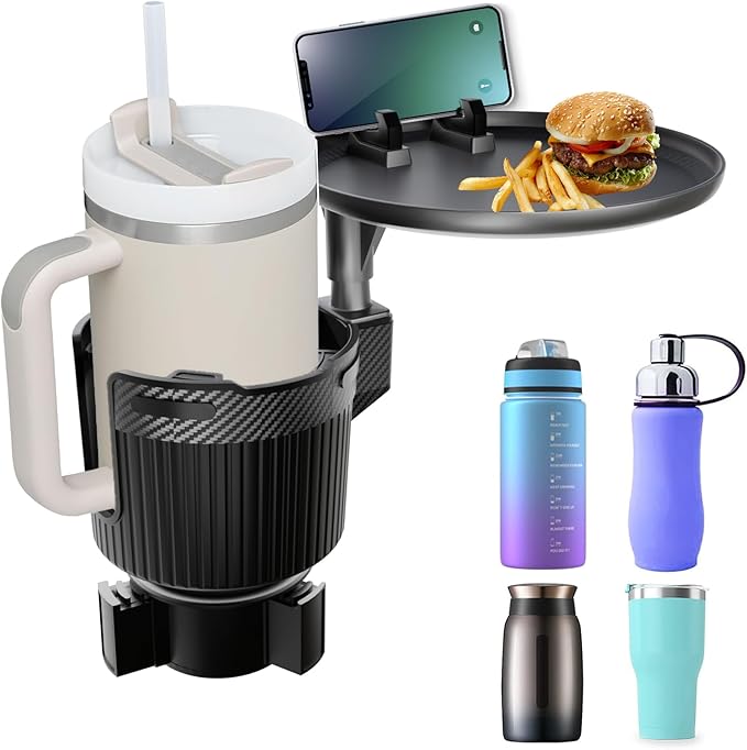 Cup Holder Tray for Car, 2 in 1 Detachable Car Food Table Tray with Solid Base & Phone Slot,Car Cup Holder Expander with 360°Rotation Tray for Travel Road Essentials (Round)