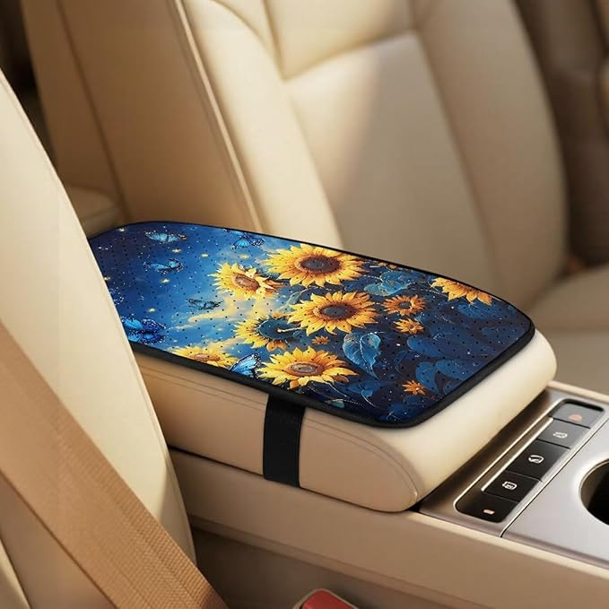 Qeluxign 5 Piece Car Accessories Set with 2 PU Leather Seat Covers, Sunflower Blue Butterfly 2 Belt Pads & 1 Armrest Cover Fit for Most Vehicles Easy Install & Clean