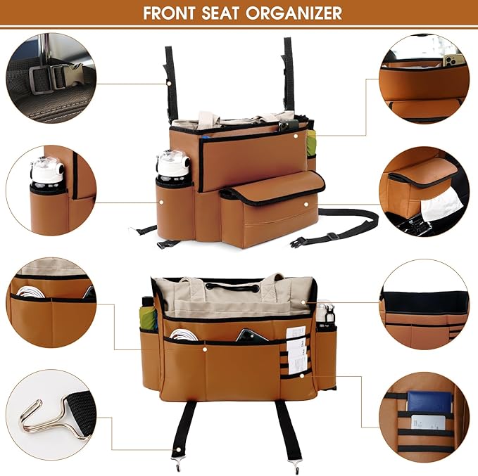 Car Purse Holder Between Seats, Car Seat Purse Handbag Holder, Automotive Consoles Organizers Storage Barrier Car Interior Accessories, Leather Large Capacity (Brown)
