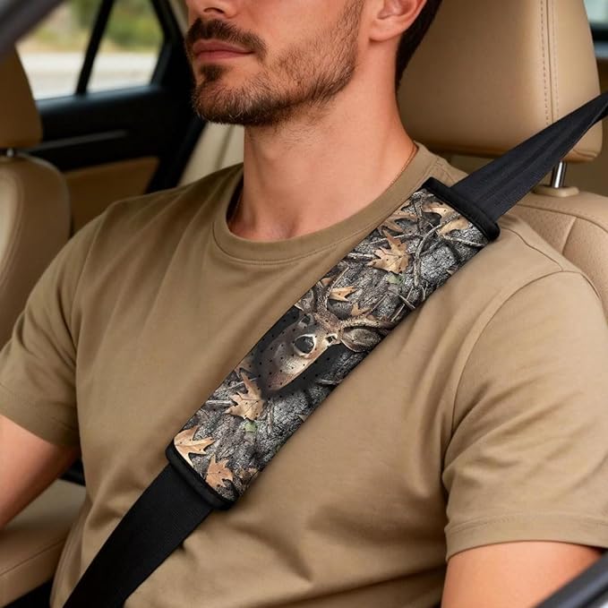 Qeluxign 5 Piece Car Seat Covers Full Set for Men Women Camouflage Deer Head PU Leather Front Seats Cover Auto Seatbelt Shoulder Pads Vehicle Center Console Armrest Cover