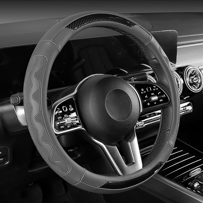 SEG Direct Car Steering Wheel Cover Medium Size 14 1/2"-15" Embossed Microfiber Leather with Carbon Fiber Pattern Gray