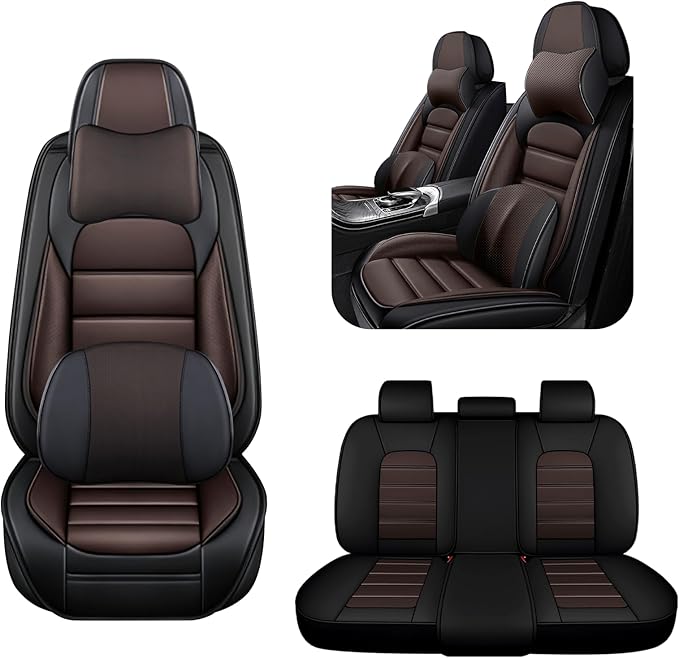 AREKA 5 Car Seat Covers for Honda Accord 2003-2026 Breathable Leather,Waterproof Car Seat Protectors with Comfort Headrest Pillows,Automotive Vehicle Cushion with Storage Pockets (Luxury,Brown)