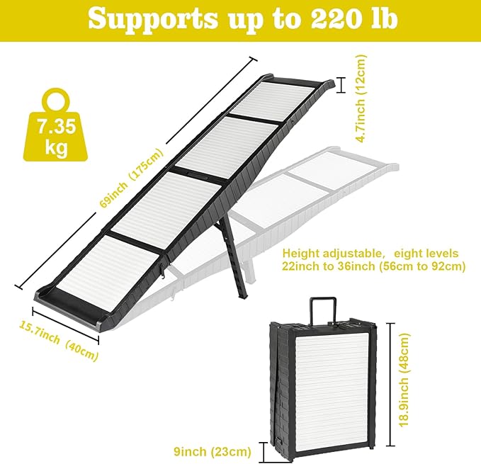 BAQTALE Foldable Dog Ramp for Cars 8 Adjustable Heights with Support Leg, Non-Slip Surface, Portable Pet Ramp for Small, Medium & Large Dogs up to 220lb, Carry-on Size Outdoor Ramp