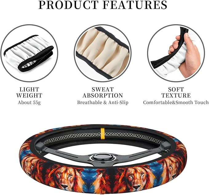 Cool Lion Neoprene Steering Wheel Covers Women Men Car Accessories, Universal 15 Inch Fit Auto, Suvs, Truck