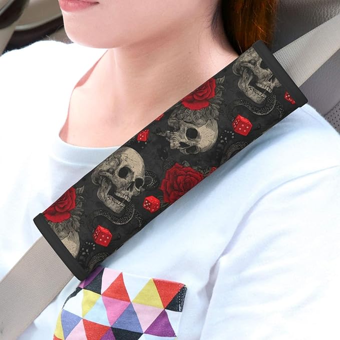 Halloween Skull Steering Wheel Cover Elastic Non-Slip Car Steering Wheel Covers with Seat Belt Shoulder Pad for Women Men